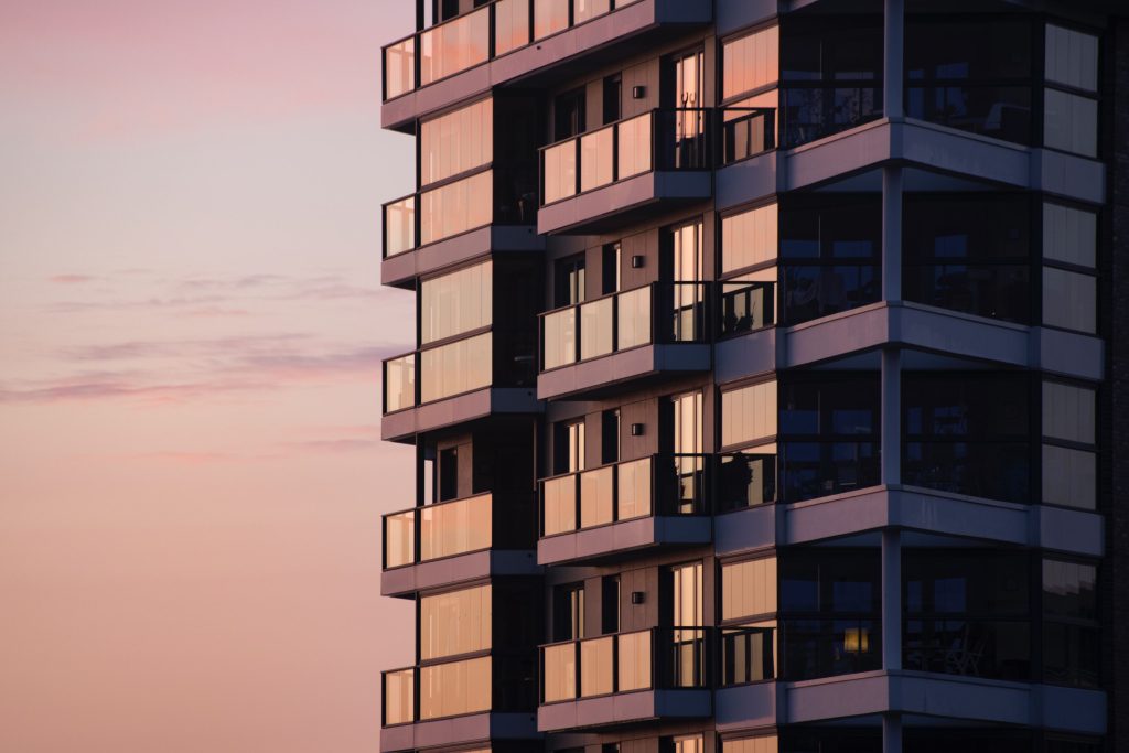 Apartment building at sunset